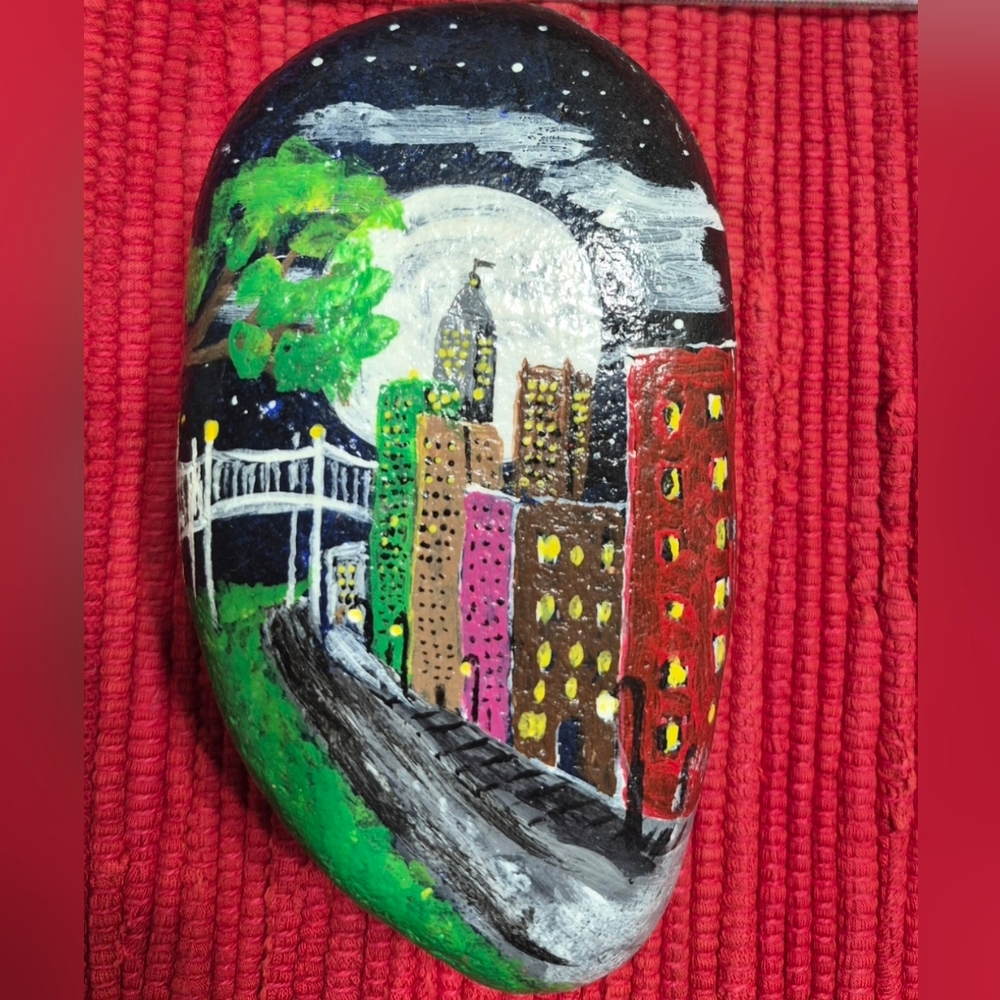 Hand-Painted Cityscape Art Painted Stone Rock